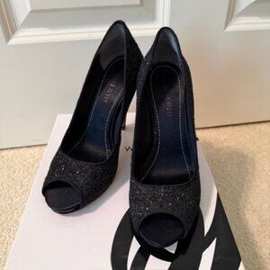 Nine West Escher Black Glitter Peep Toe Heels Size 5.5 Stiletto Pumps